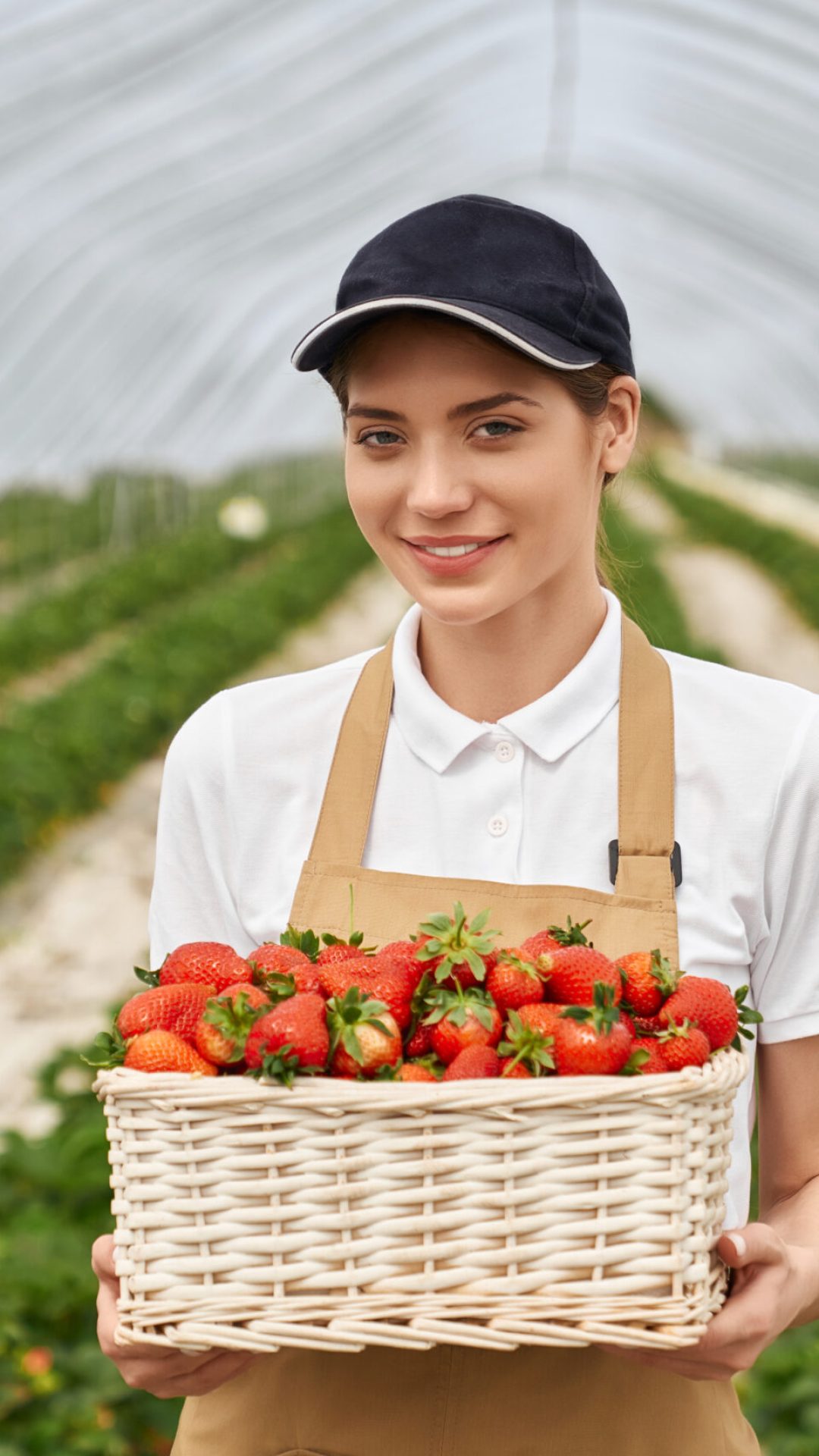 Close up of smiling young farmer woman in beige apron holding beautiful wicker basket with red tasty strawberries in greenhouse. Concept of admiring good harvest fresh strawberries in greenhouse.